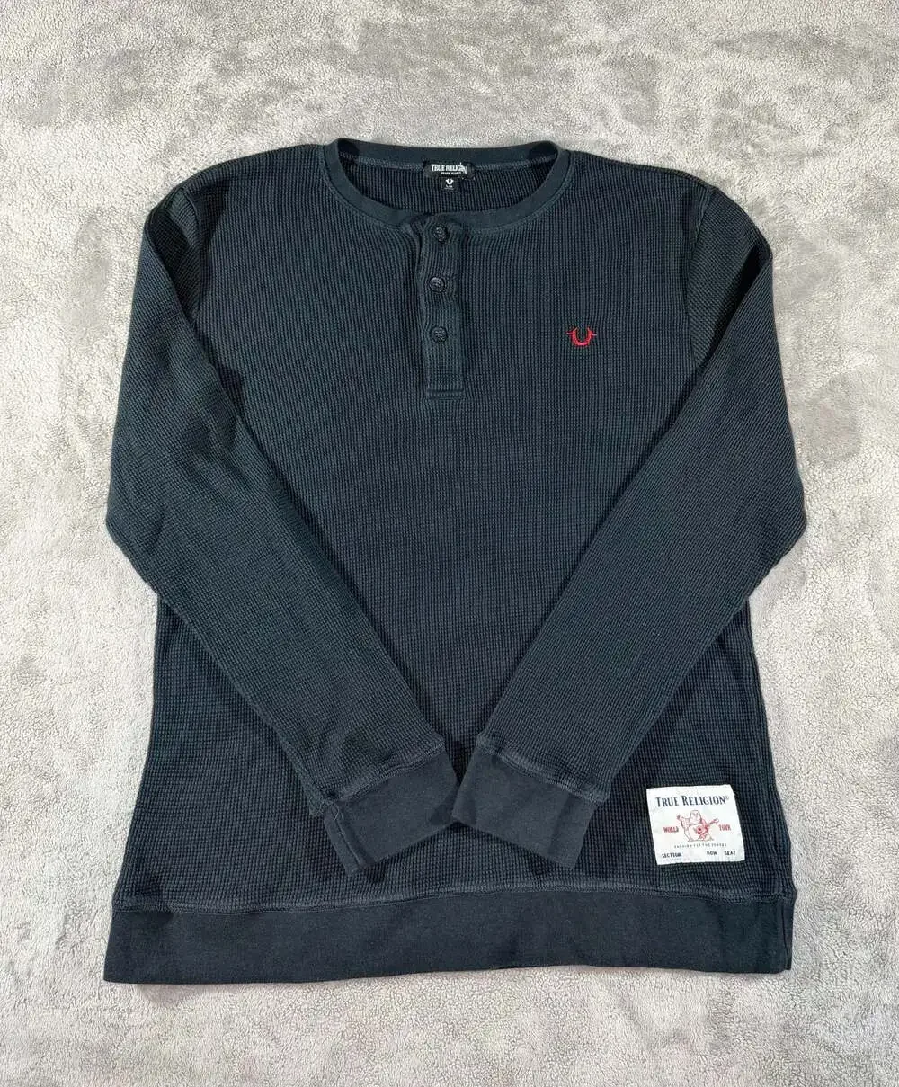 True Religion Men's Waffle Knit Long Sleeve Henley Shirt in Black, L